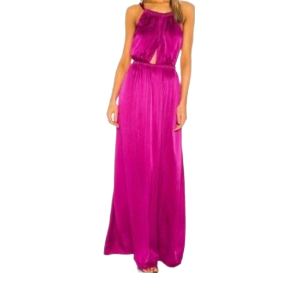 RAQUEL ALLEGRA | Magenta Hammered Satin Keyhole Halter Maxi Dress Size 0